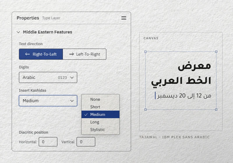 رسم توضيحي لإعدادات العربية في الفوتوشوب: الاتجاه من اليمين إلى اليسار، والأرقام على خيار Arabic (أي 0123)، وقائمة الكشيدة مفتوحة
