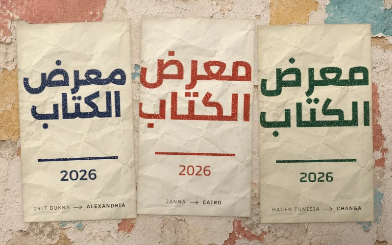 ثلاثة ملصقات على جدار تحمل عنوان «معرض الكتاب» بخطوط الإسكندرية والقاهرة وتشانغا