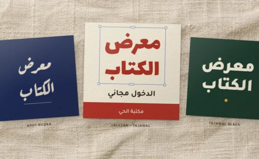 ثلاثة منشورات مربعة على قماش كتان، عليها «معرض الكتاب» بخط رقعة عارف وخط لاله زار مع تجوال وخط تجوال بوزنه الأثقل