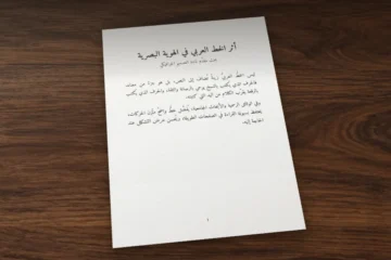 صفحة A4 مطبوعة على مكتب خشبي، عليها بحث بعنوان «أثر الخط العربي في الهوية البصرية» مكتوب بخط Amiri