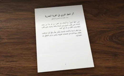 صفحة A4 مطبوعة على مكتب خشبي، عليها بحث بعنوان «أثر الخط العربي في الهوية البصرية» مكتوب بخط Amiri