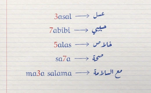 صفحة دفتر فيها كلمات بالعربيزي مثل 3asal و7abibi و5alas بأرقام حمراء، يلي كلًّا منها سهمٌ ثم الكلمة بالحروف العربية