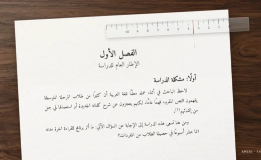 صفحة من رسالة جامعية بخط أميري بحجم 14 على مكتب خشبي، ومسطرة شفافة تقيس هامش التجليد البالغ 3.5 سم