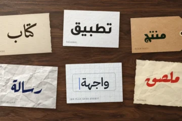 ست قصاصات ورق على مكتب خشبي، على كل منها كلمة بخط أميري أو تجوال أو ريم كوفي أو رقعة عارف أو IBM Plex أو رقاص