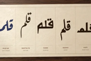 كلمة «قلم» بخمسة خطوط: الكوفي (ريم كوفي) والنسخ (أميري) وخط كانو (روودو) والفارسي (غولزار) والرقعة (رقعة عارف)، على ورقة عاجية مسطّرة