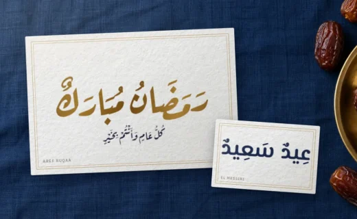 بطاقتا تهنئة على مفرش أزرق داكن: «رمضان مبارك» مذهّبةً بخط رقعة عارف، و«عيد سعيد» بخط المسيري، وبجانبهما طبق تمر نحاسي