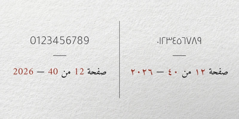سطر واحد من مستند معروض مرة بالأرقام 0-9 ومرة بالأرقام المشرقية
